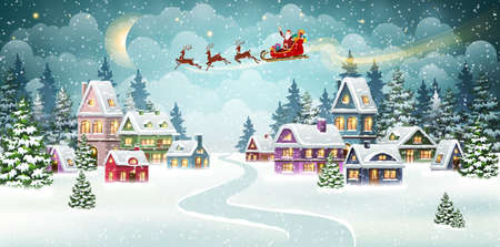 Santa and Reindeer on Christmas Background. Winter Christmas scene with snow covered houses and pine forest. Holiday Vector Backgroundのイラスト素材