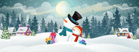 Snowmen with gifts on the background of a snowy forest and Christmas village houses. Christmas holidays vector illustration.のイラスト素材