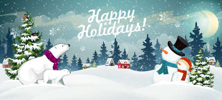 Snow covered hills, houses, snowmen and polar bears with Christmas tree. Winter Christmas Landscape Vector Background. Christmas holidays illustrationのイラスト素材