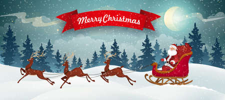 Santa in sleigh and reindeer on Christmas Background. Winter Christmas Landscape Vector Background with snow covered hills, pine forest with red banner.のイラスト素材