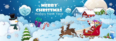 Santa Claus on sleigh with polar deers in harness. Snowman, Christmas tree and Christmas decorations on the background of houses on snowy hills. Paper cut Christmas and winter postcard template vector.のイラスト素材