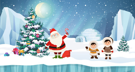 Santa and arctic people in traditional eskimos costume with Christmas tree. Igloo, glacier and northern lights in the background. Christmas holidays vector illustration.のイラスト素材