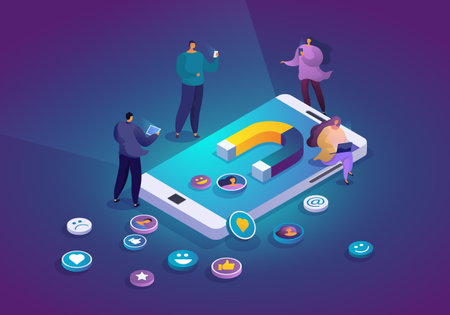 Smartphone with magnet attracting social media followers and users. Web traffic attraction. People commenting online, sharing and liking posts. Digital marketing and online influence isometric conceptのイラスト素材