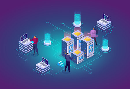 Website hosting abstract 3d isometric vector illustration. System administrators, data center engineers works with server. Development, maintenance and support of Internet sites.のイラスト素材