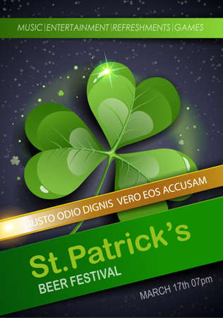St. Patrick's Day Traditions and Symbols party flyer, brochure, invitations template. Shamrock, on black background. Vector illustration.のイラスト素材