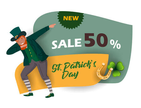 St. Patrick's Day discount and sale sticker with Irish fantastic character Leprechaun. Special offer banner Vector designのイラスト素材