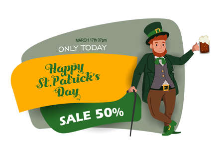 Saint Patrick's Day discount and sale sticker with Irish fantastic character Leprechaun. Special offer banner Vector designのイラスト素材