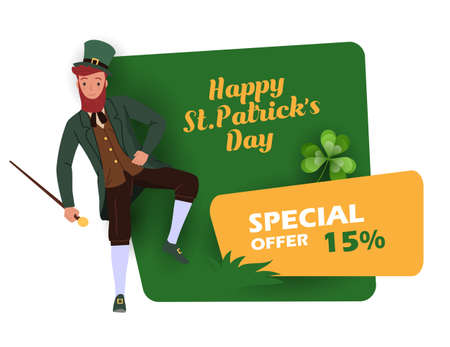 St. Patrick's Day discount and sale sticker with Irish fantastic character Leprechaun. Special offer banner Vector designのイラスト素材