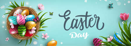 Happy Easter greeting card with easter eggs in the nest, grass and flowers on blue background. Gift and invitation flyer layout for Easter Day. Easter Shopping discount poster template. Vector illustrationのイラスト素材