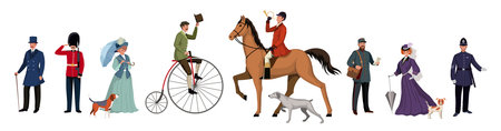 Group of people of different genders, professions in different clothes. British retro style people characters on white background. Flat cartoon characters set. Vector illustration.のイラスト素材