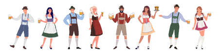 Group of people of different genders, in traditional German costumes. Oktoberfest characters in retro style with glasses of beer in hands on a white background. Set of flat cartoon characters. Vector illustration.のイラスト素材