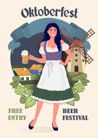 Oktoberfest Beer Festival poster in retro style. Young Oktoberfest girl in national German traditional clothes with glass of beer against the background of a rural landscape. Flat vector illustrationのイラスト素材