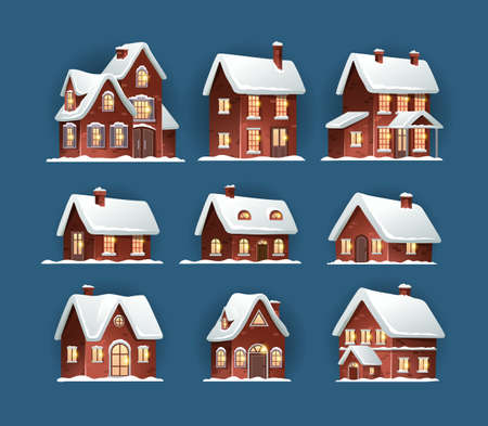 Cozy Christmas houses with snow-covered roofs. Set of different winter brick houses on a blue background for Christmas decorations and designs. Vector illustrationのイラスト素材