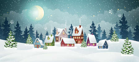 Winter village landscape with snow covered houses in pine forest. Christmas holidays vector illustrationのイラスト素材
