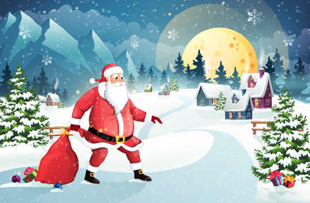 Santa with a bag of gifts on the background of a winter village. Winter Christmas scene with snow covered houses, mountains and pine forest. Holiday Vector Backgroundのイラスト素材