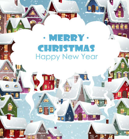 Street with houses covered with snow, glowing windows and smoke from chimneys. Winter Christmas city landscape. Vector illustrationのイラスト素材