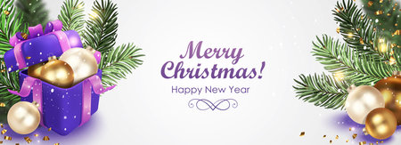 Christmas background with gold decorations, gift box, Christmas tree branches.Vector brochure cover design, landing page, discount flyerのイラスト素材