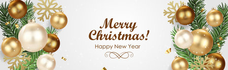 Christmas background with gold decorations, Christmas tree branches.Vector brochure cover design, Landing page, discount flyerのイラスト素材