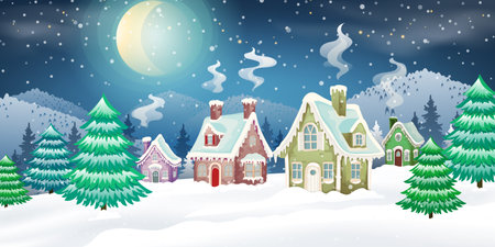 Evening winter village landscape with snow covered house. Holidays vector illustrationのイラスト素材