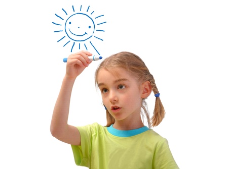 Little girl painting sun  Isolated on white backgroundの写真素材