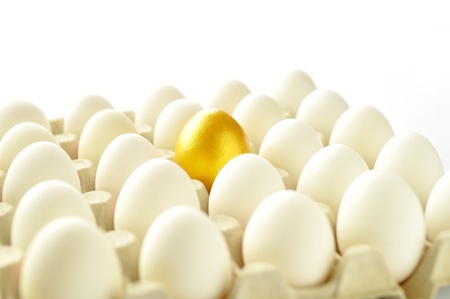 Golden egg among white hen eggs in carton pack, isolated on white background の写真素材