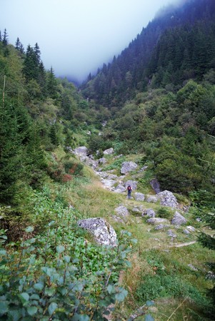 mountain scenery with rocky peaks and peaks, tracking, hiking, backpack travelの写真素材
