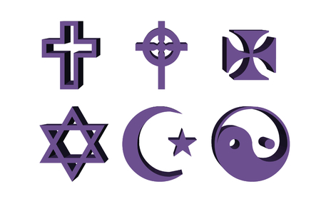 3d illustration, religious symbols - cross, yang, yin, lilacの写真素材