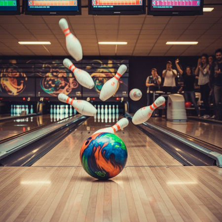 Bowling alley with balls and skittles in motion blur.の素材