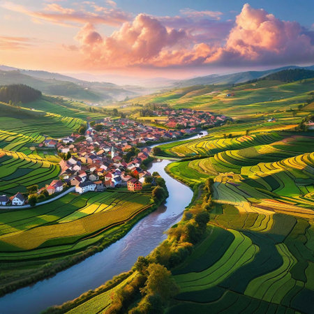 Aerial view of village and river at sunset. Beautiful summer landscapeの素材