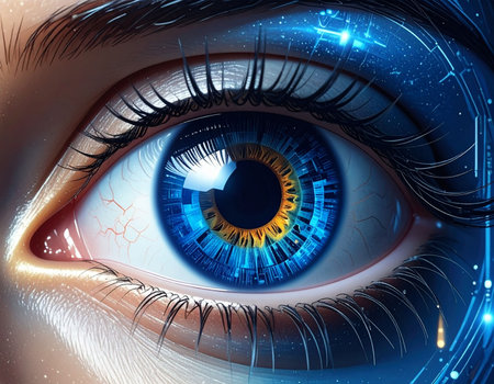 Close-up of human eye with glowing iris. 3D renderingの素材