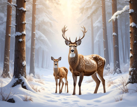 Two deer in winter forest at sunset. 3d render illustration.の素材