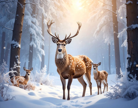 Fawns with deers in the winter forest. 3d renderingの素材