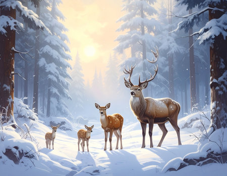 Deer family in winter forest at sunset, 3D illustration.の素材