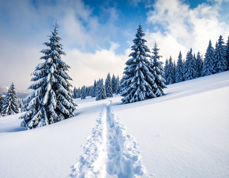 Beautiful winter landscape with snowy fir trees. Carpathian, Ukraine, Europe.の素材