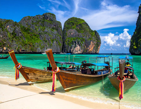 Thai longtail boats at Maya bay, Phi Phi island, Thailandの素材