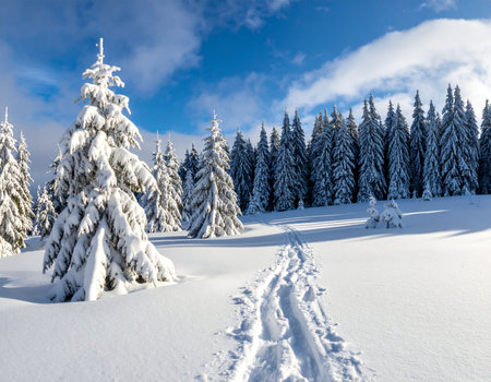 Beautiful winter landscape with snow covered fir trees in the mountains.の素材