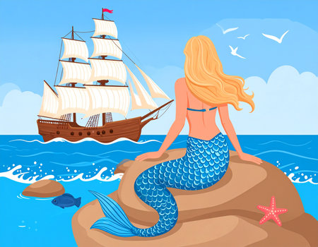 Mermaid on the seashore. Vector cartoon illustration.の素材