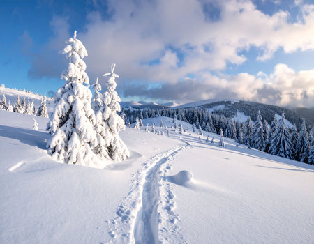 Beautiful winter landscape with snow covered fir trees. Carpathian, Ukraineの素材