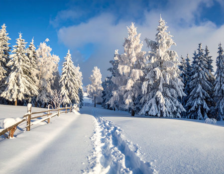 Beautiful winter landscape with snow covered fir trees. Carpathian, Ukraine, Europe.の素材