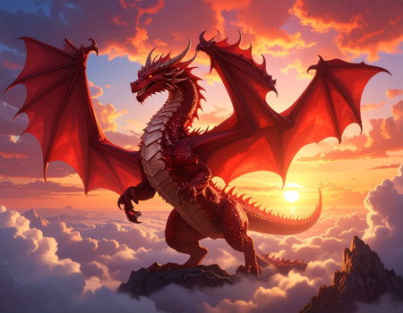 Dragon in the sky at sunset. 3D rendering. Computer digital drawing.の素材