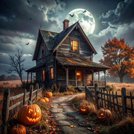 Halloween scene with haunted house and pumpkins. Halloween background.の素材