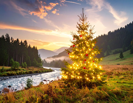 Christmas tree on the background of the mountain river. Beautiful Christmas landscape.の素材