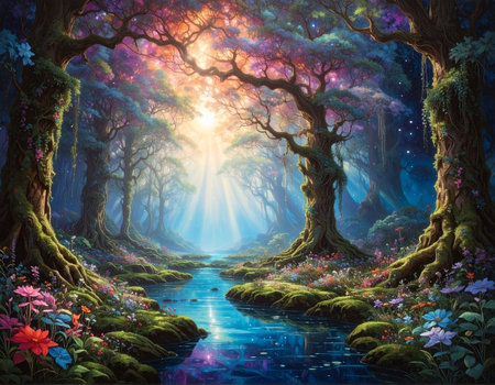 Magic fantasy forest. Fairytale landscape with magic river and ancient trees.の素材