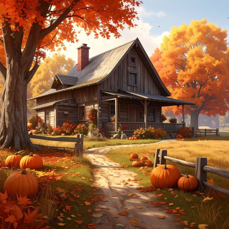 Autumn landscape with old wooden house and pumpkins, 3d renderの素材