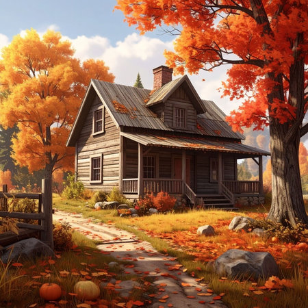 Autumn landscape with old wooden house and fallen leaves. 3d renderの素材