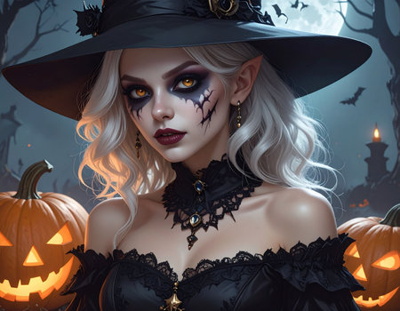 Beautiful girl in witch costume. Halloween. 3D rendering.の素材