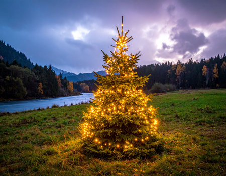 christmas tree with lights on the background of the river and mountainsの素材