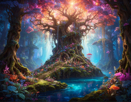 Fantasy scene with fantasy tree in deep forest. 3D renderingの素材