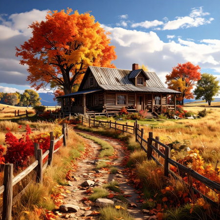 Autumn landscape with old wooden house and fall trees. Fall season.の素材