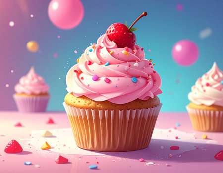 Cupcake with pink cream and cherry on top. 3d illustrationの素材